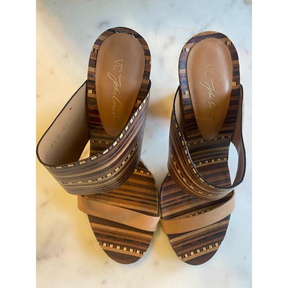 Vince Camuto Brown & Beige Becca Heel Slip On Leather Sandals Size 9 Wood tone - Picture 8 of 12